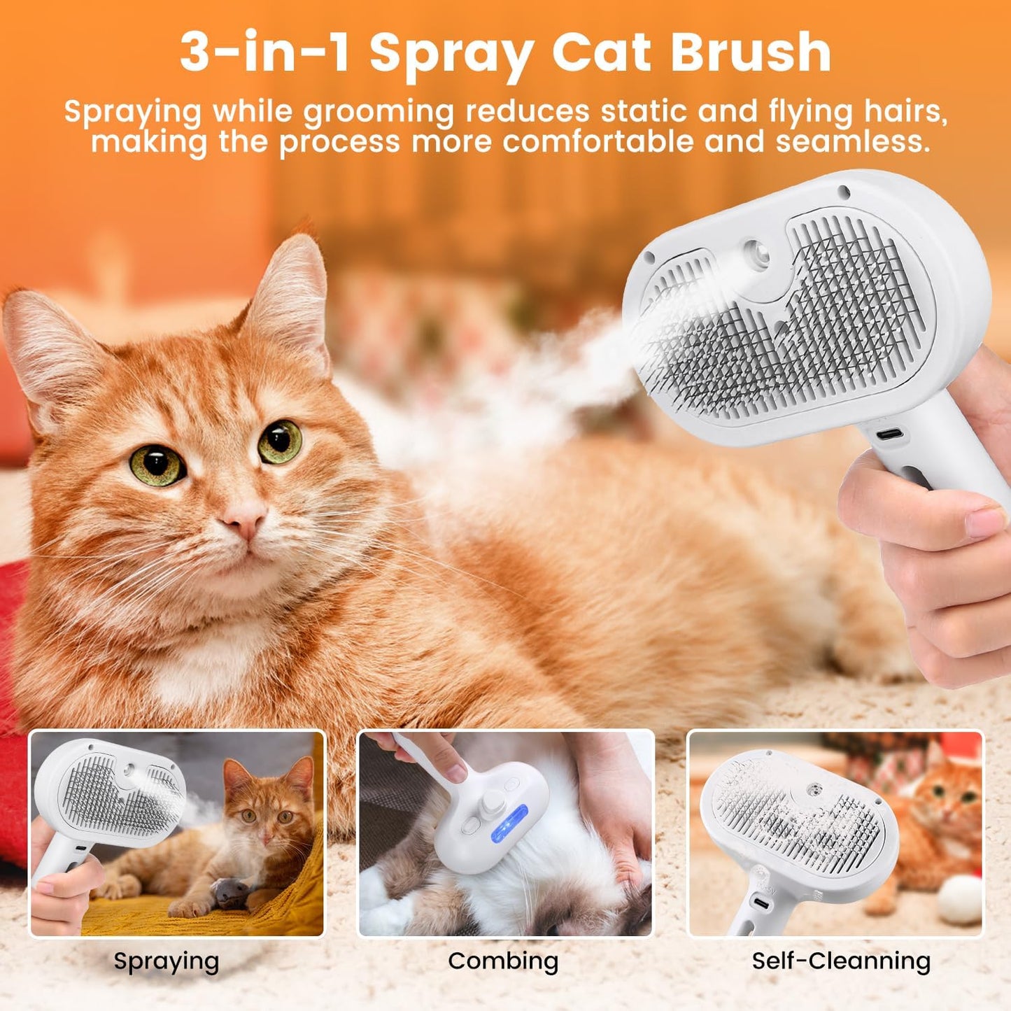 3-in-1 Pet Steam Brush – Hair Removal & Grooming Comb with Water Spray for Cats & Dogs